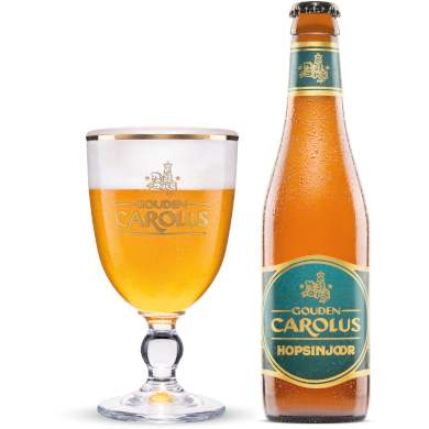 Uitgeschonken Gouden Carolus Hopsinjoor in bijhorend glas