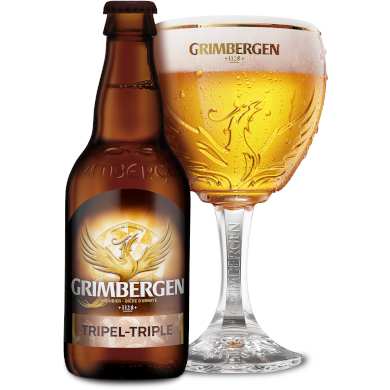 Uitgeschonken Grimbergen Tripel in bijhorend kelkglas