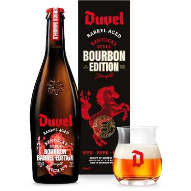 Duvel Barrel Aged Batch No. 9 verpakking naast gevuld glas