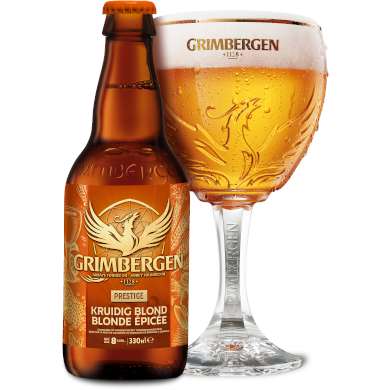 Uitgeschonken blonde Grimbergen Prestige in bijhorend kelkglas