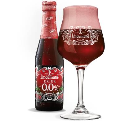 Alcoholvrije Lindemans Kriek 0,0% uitgeschoken in passend glas