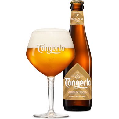 Uitgeschonken blonde Tongerlo Tripel in bijhorend kelkglas