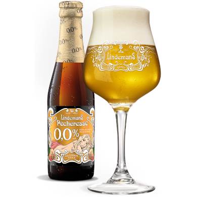 Uitgeschonken Lindemans Pecheresse 0,0% in bijhorend glas