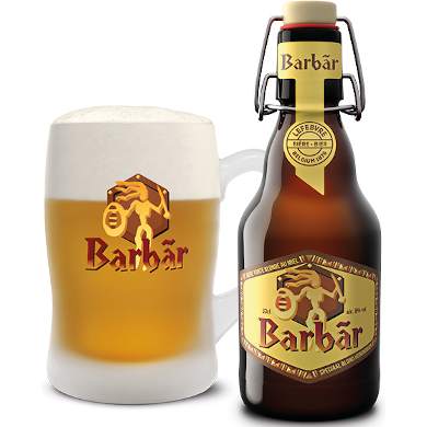 Barbãr blond honingbier met schuimkraag in Barbãrglas met beugelfles ernaast