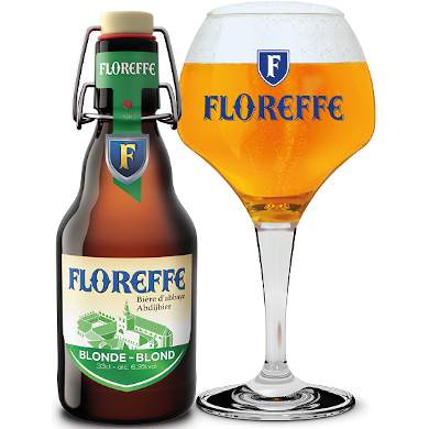 Floreffe Blond in bierglas met beugelfles ernaast