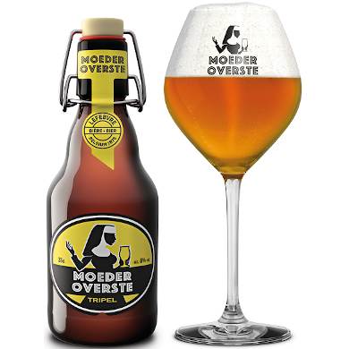 Flesje Moeder Overste blond bier met bijhorend gevuld bierglas