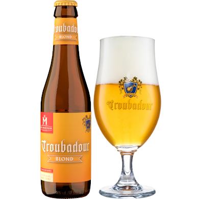 Uitgeschonken Troubadour Blond in bijhorend bierglas
