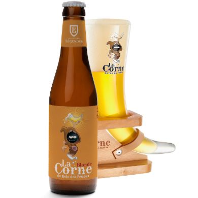 Uitgeschonken blonde La Corne in bijhorend hoornglas
