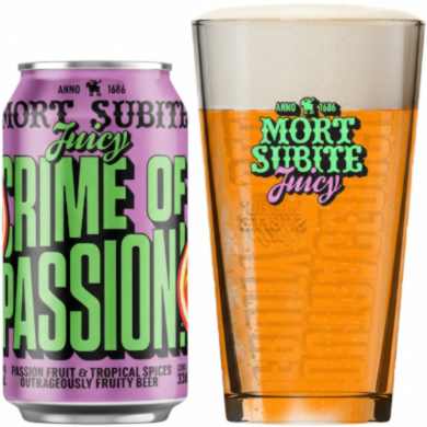 Blik Mort Subite Juicy Crime Of Passion met gevuld glas