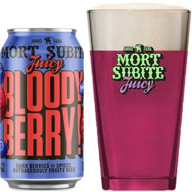 Blik Mort Subite Juicy Bloody Berry uitgeschonken in glas