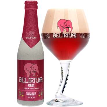 Uitgeschonken Delirium Red in bijhorend slurfglas met roze olifant
