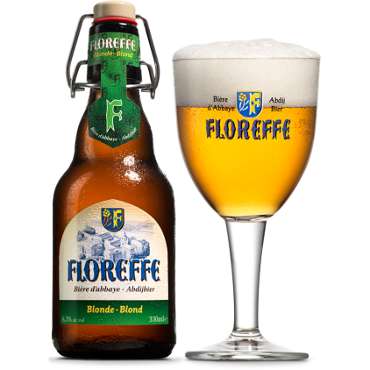 Floreffe Blond in bierglas met beugelfles ernaast