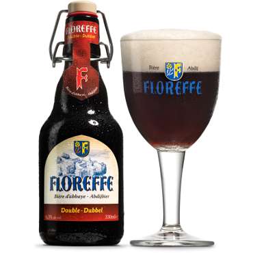 Floreffe Dubbel in bierglas met beugelfles ernaast